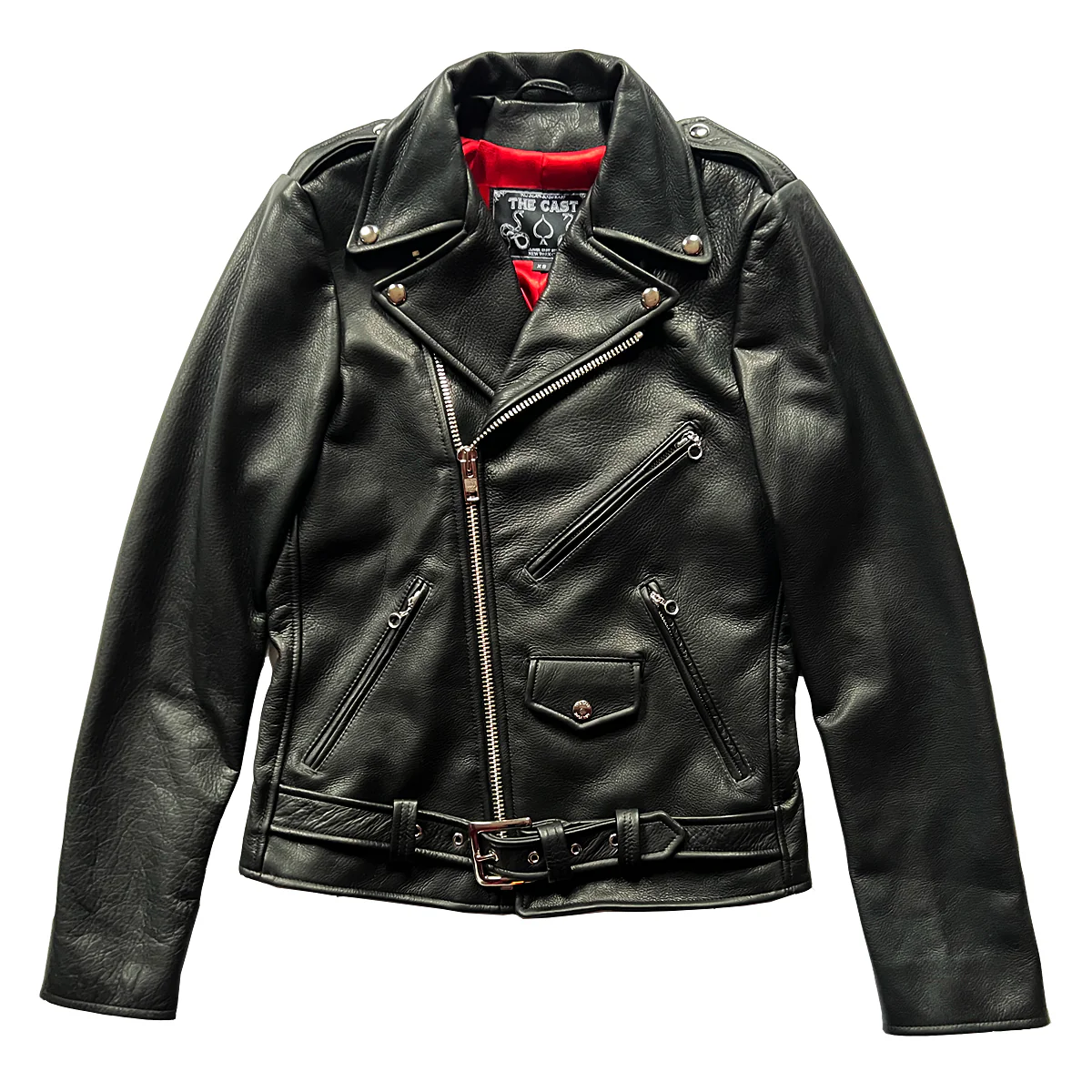BOWERY BLACK LEATHER BIKER JACKET (CRIMSON RED LINING)