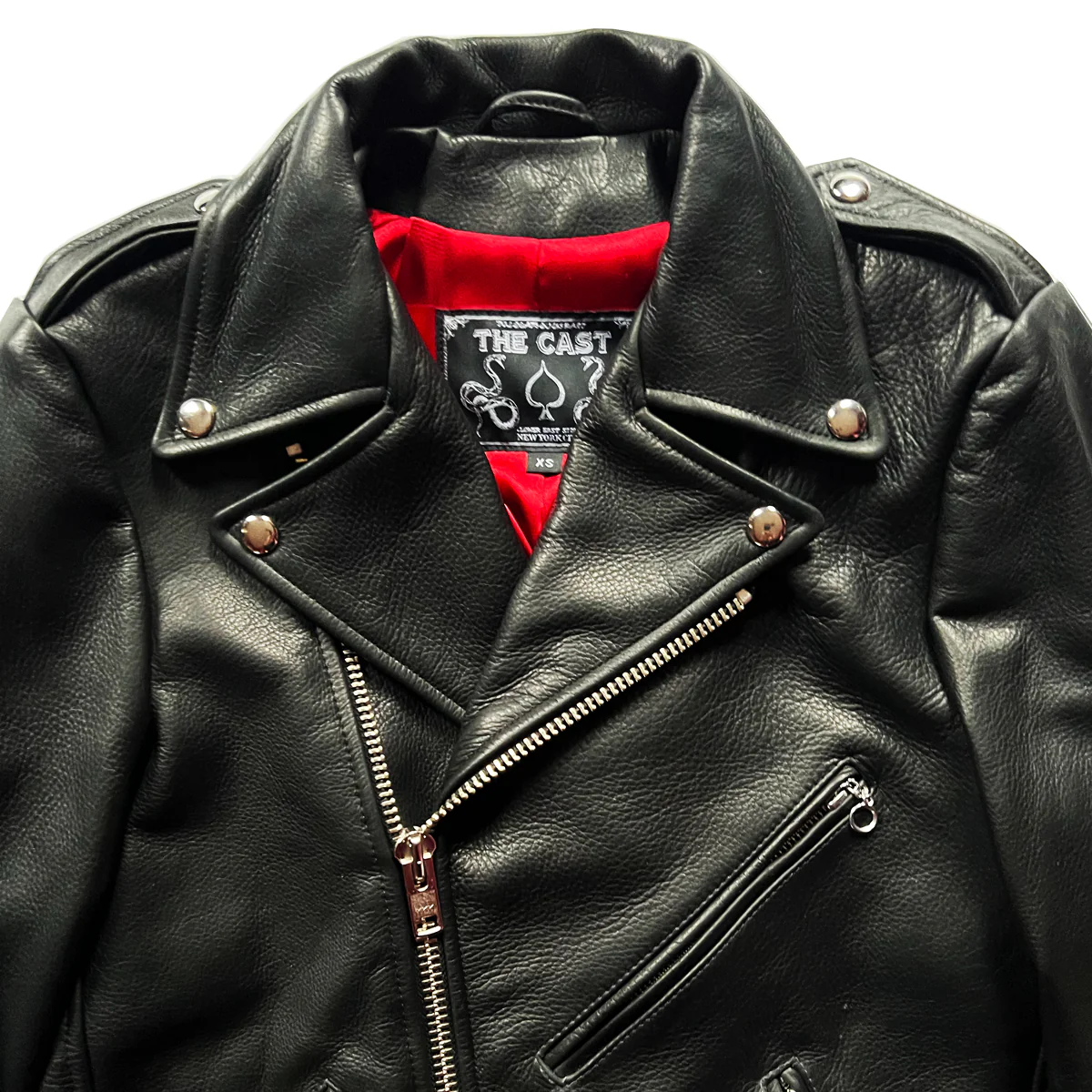 BOWERY BLACK LEATHER BIKER JACKET (CRIMSON RED LINING) - Image 2