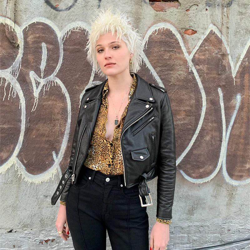 CROPPED BOWERY BLACK LEATHER JACKET (WOMENS) - Image 7