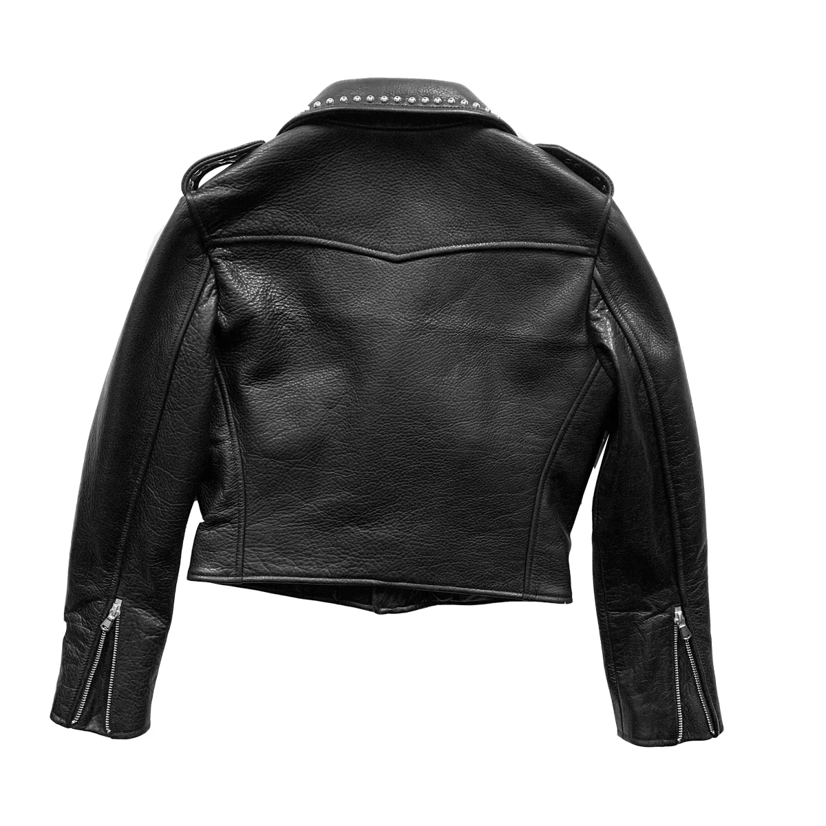 CROPPED STUDDED BOWERY BLACK LEATHER BIKER JACKET (WOMENS) - Image 2